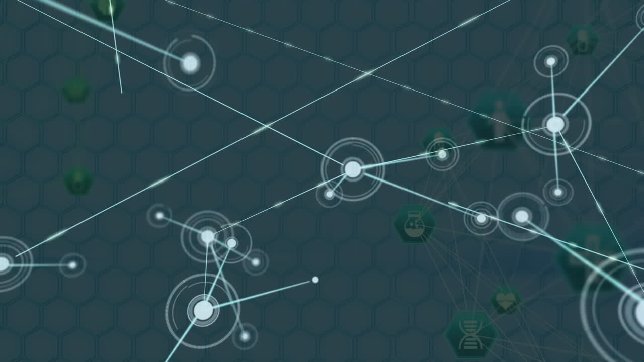 animación de la red de conexiones con iconos sobre fondo oscuro