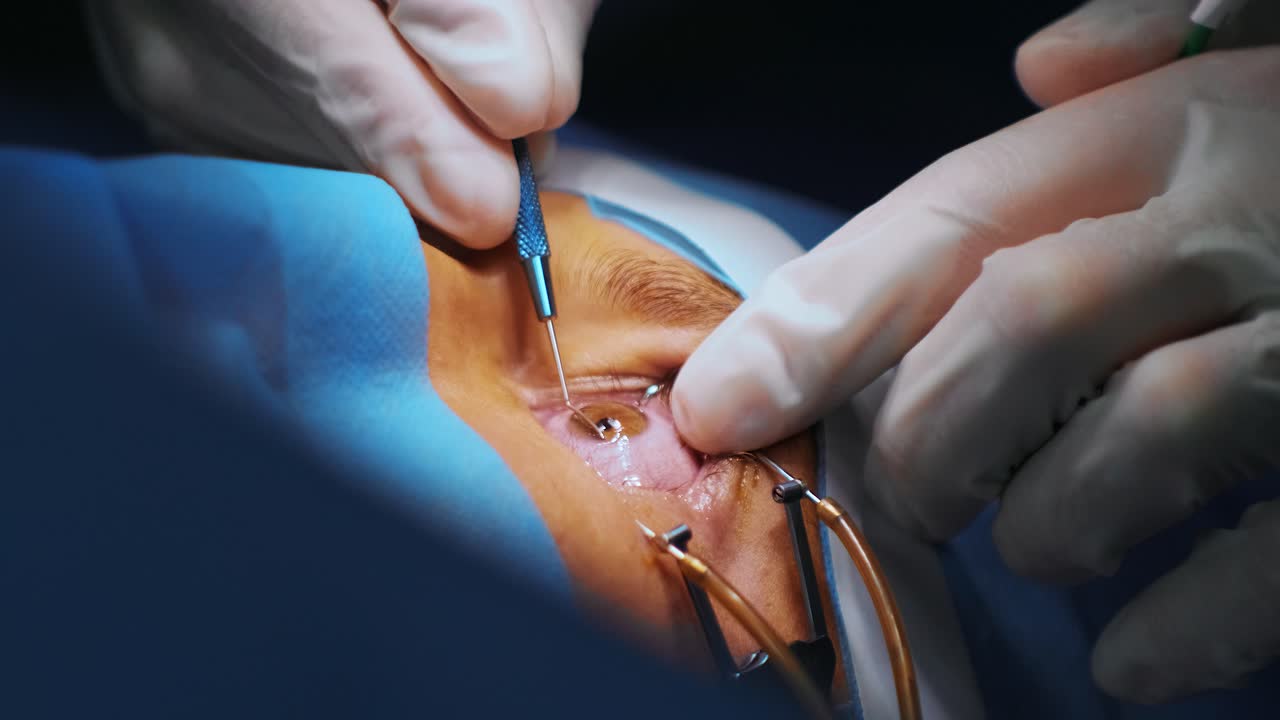 레이저 시력 교정: 안과 수술 중에 수술실에 있는 환자와 수술팀; 눈꺼풀 스럼; 라식 치료; 불임 개 아래의 환자