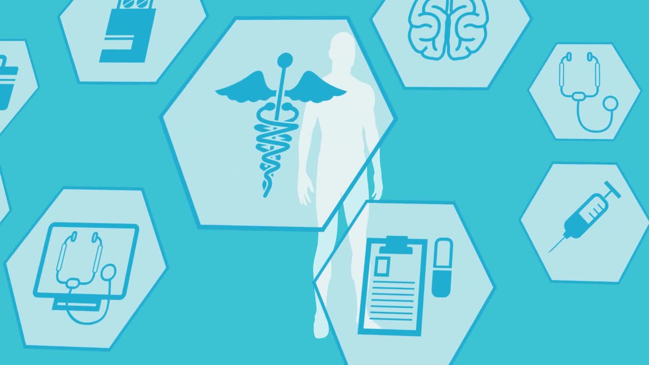 6각형으로 된 의료 아이콘과 파란색 바탕에 있는 인체의 애니메이션