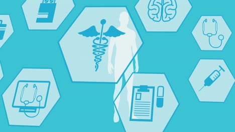 Animation-of-medical-icons-in-hexagons-and-human-body-on-blue-background