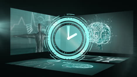 animación del procesamiento de datos y el reloj sobre fondo negro