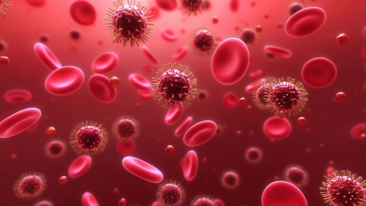 Cellule rosse a forma di disco e particelle rotonde texturizzate fluttuano l'una accanto all'altra attraverso uno sfondo cremisi, creando costanti cambiamenti di profondità, una sfocatura delicata e dettagli luminosi in primo piano.