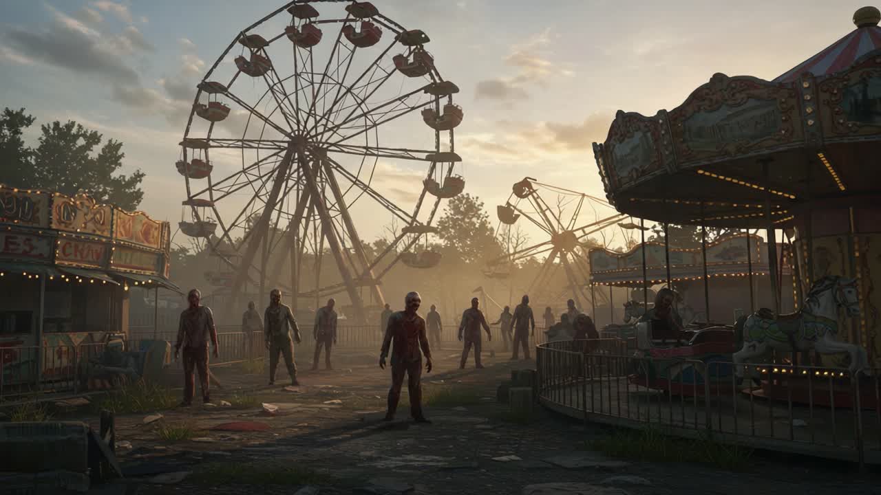 A chilling scene unfolds at an abandoned amusement park as eerie figures wander amidst the fog, set against the backdrop of a towering Ferris wheel and deserted carousel