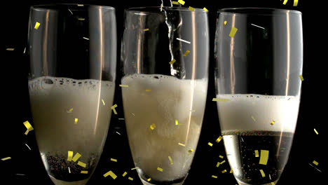 Animation-of-confetti-falling-over-champagne-glasses-on-black-background