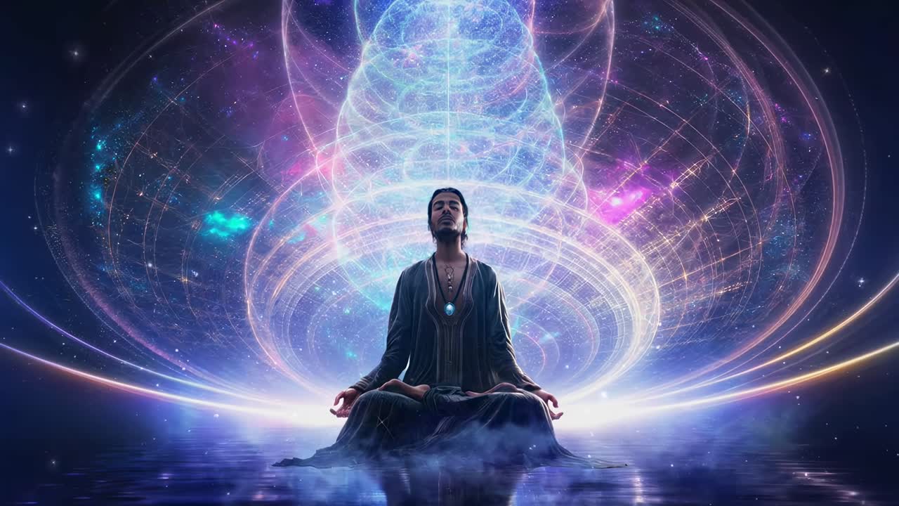 Una figura meditativa nello spazio cosmico, vista da un'angolazione bassa, ideale per un video spirituale