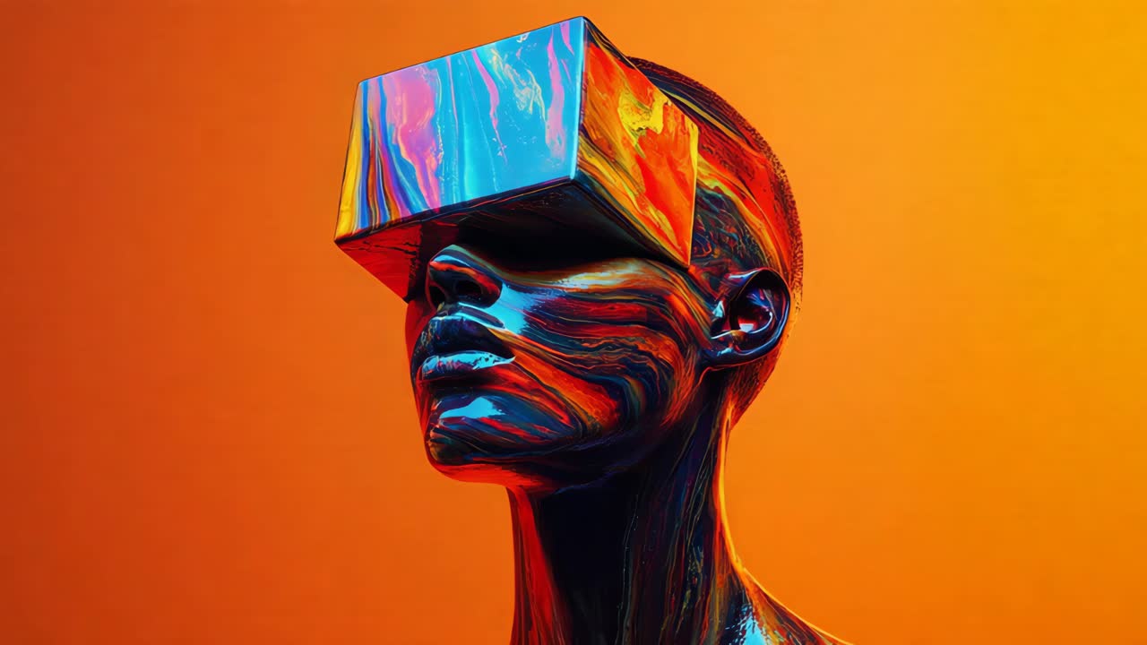 Woman wearing VR headset in vibrant neon colors