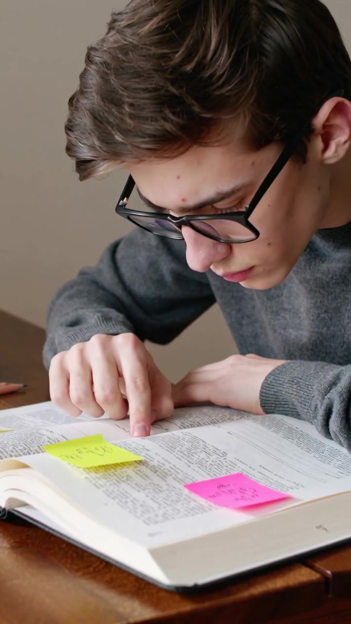 Vídeo vertical: Adolescente de suéter virando a página e traçando texto em uma mesa com livro e óculos, estudando.