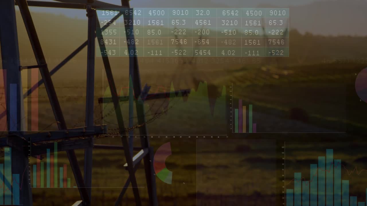 video compuesto del procesamiento de datos financieros contra el sitio de construcción