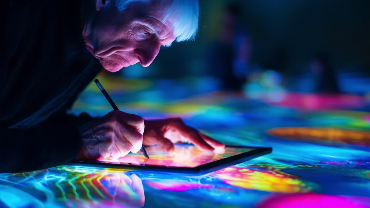 An elderly man skillfully engages with a vibrant digital art platform, skillfully drawing on a glowing tablet while surrounded by colorful, mesmerizing light patterns and reflections