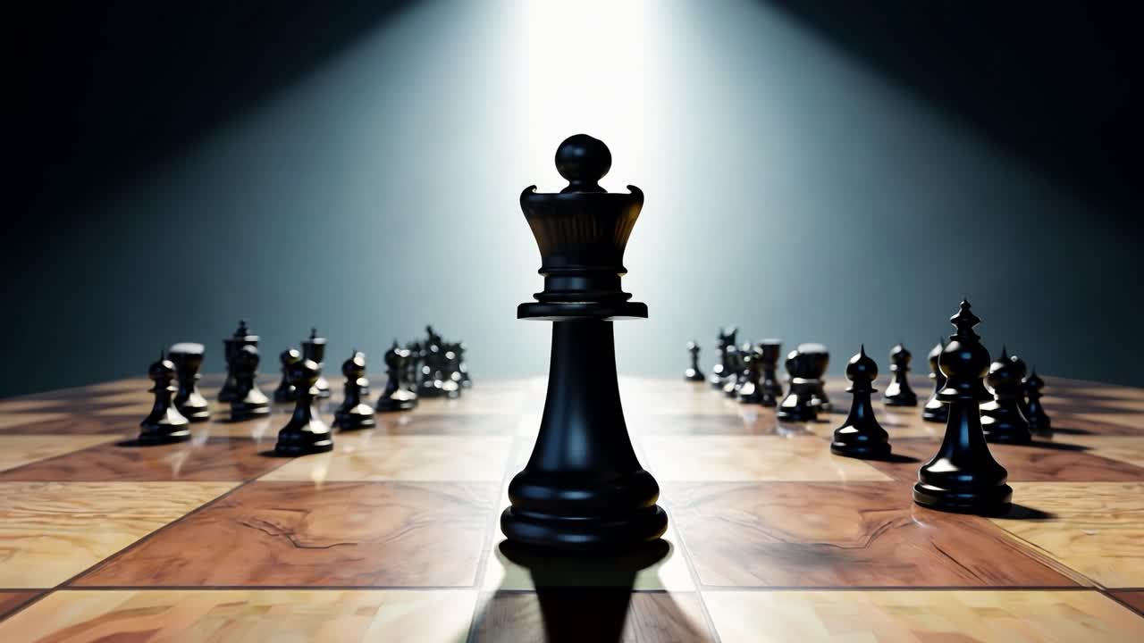 la reina de ajedrez negra se mantiene erguida en el tablero