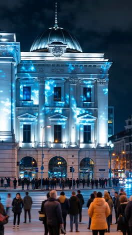grand building illuminated at night with crowd and light trails