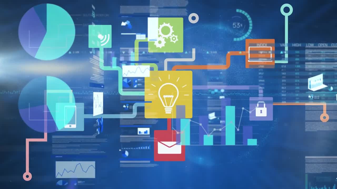 파란색 배경에 연결 네트워크와 금융 데이터 처리의 애니메이션