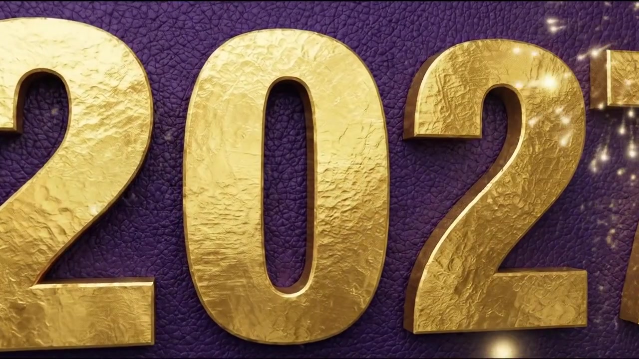 Animação de número de Ano Novo 2027 com texto em negrito dourado e roxo em fundo escuro