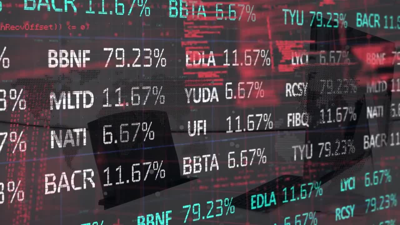 Elaborazione di dati di borsa e mappa del mondo con scrivania d'ufficio e globo rotante.