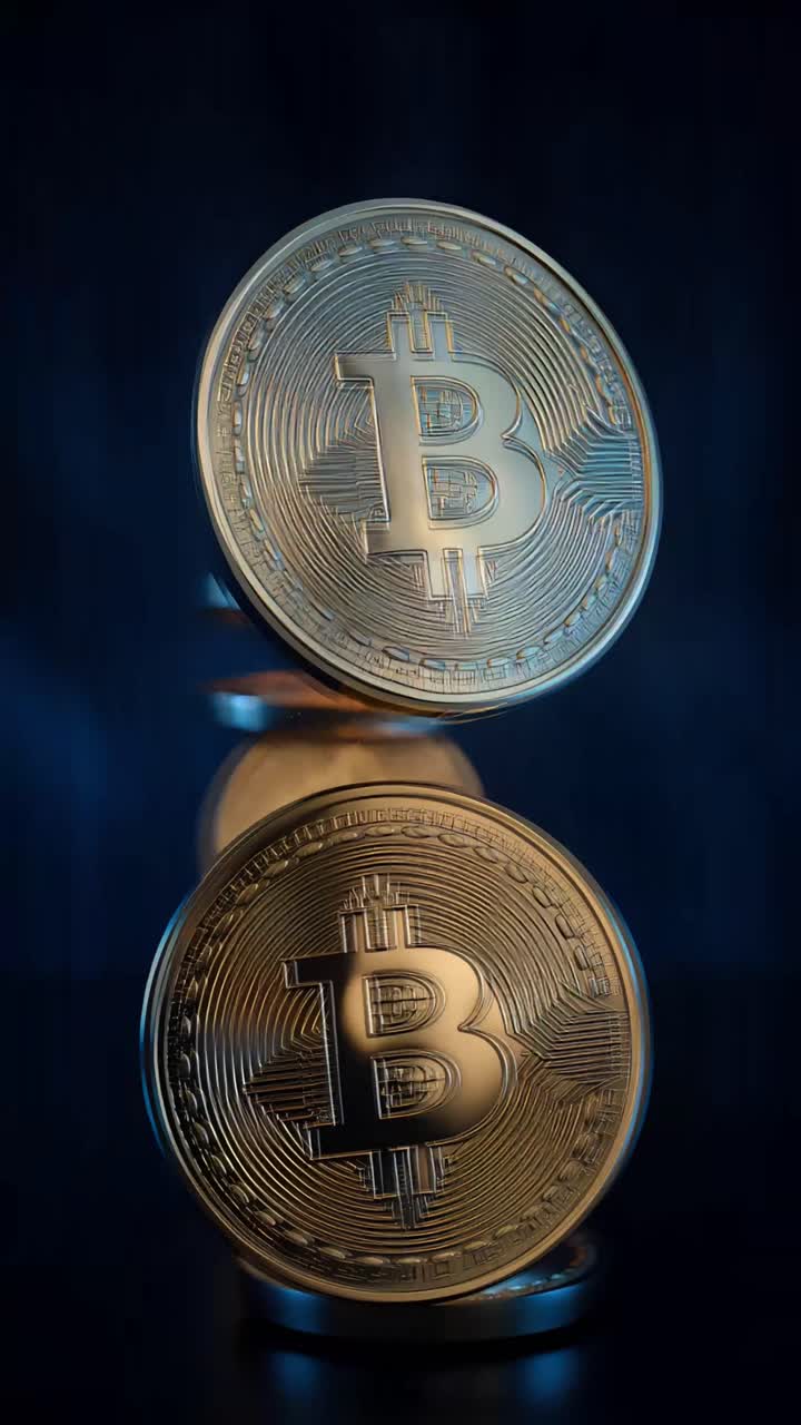Animazione rotante di Bitcoin dorato su sfondo scuro, criptovaluta cinematografica 4K.