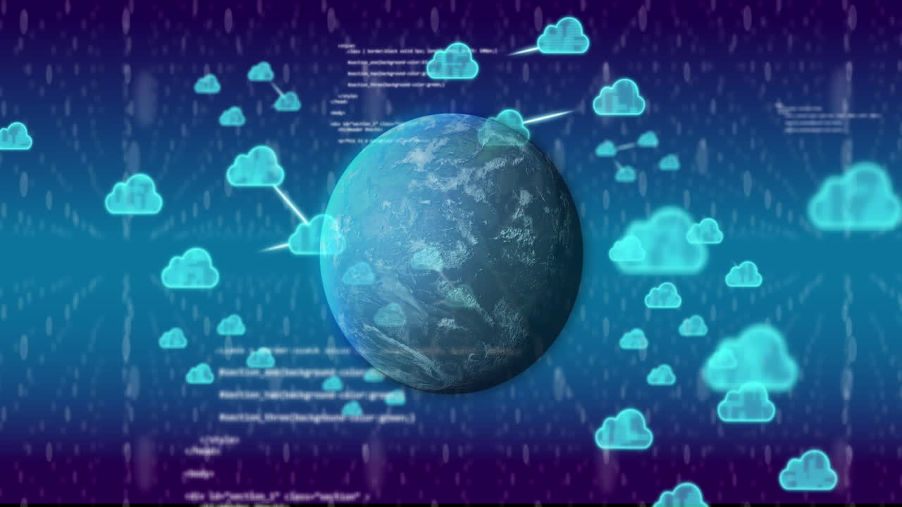 animación del globo y procesamiento de datos a través de una red de iconos