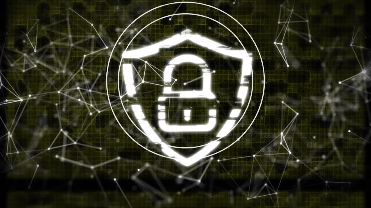 анимация графического замка с щитом над цифровыми точками, соединяющимися с линиями