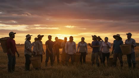 a group of diverse harvesters silhouetted against a stunning sunset in a golden field, celebrating a successful day of work in agriculture and community spirit