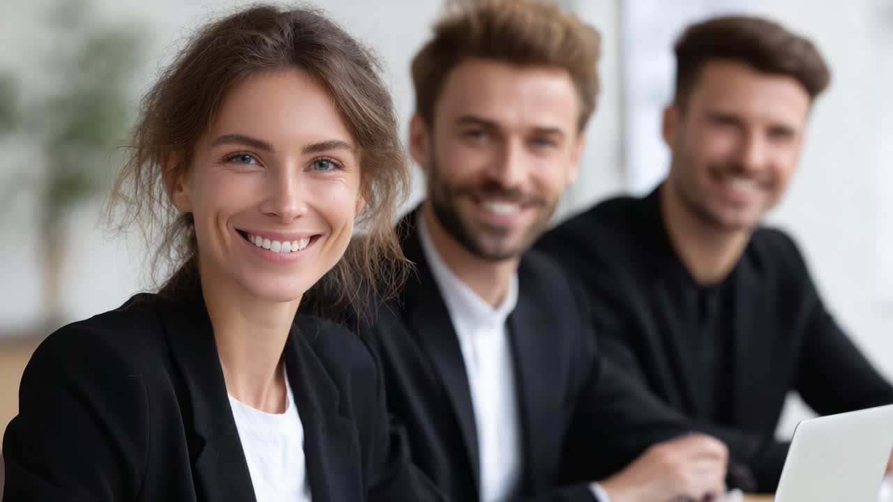 A group of three professionals, two men and one woman, engaged in discussion around a meeting table, radiating confidence and collaboration in their work environment