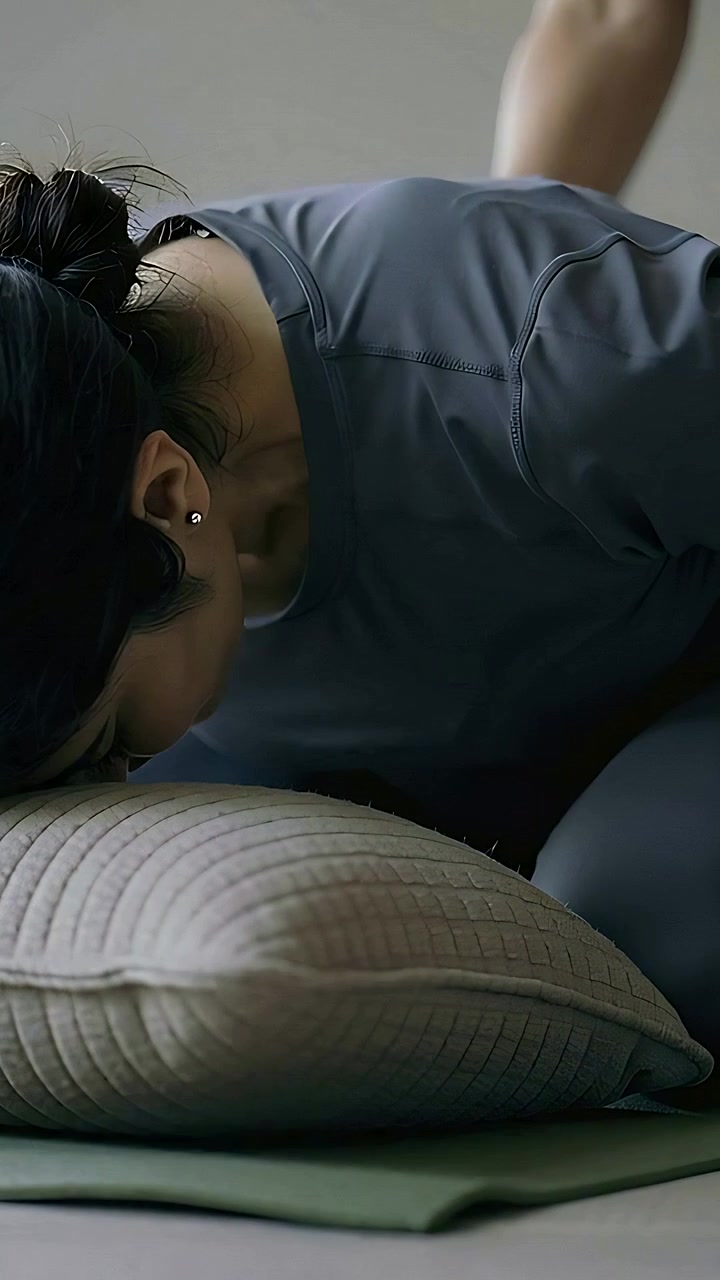Vertical video: Reaching pregnant woman in pants leaning onto pillow on green mat at home for rest