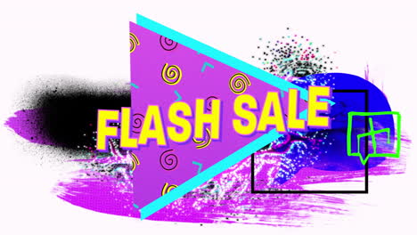 texto de venta instantánea en banner púrpura contra formas abstractas de colores en fondo blanco