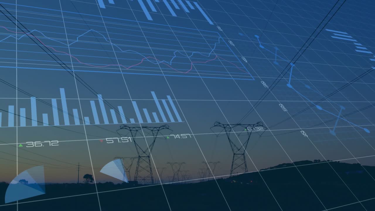 Camera panning causing blue data overlay moving and aligning charts over pylons to show power flow