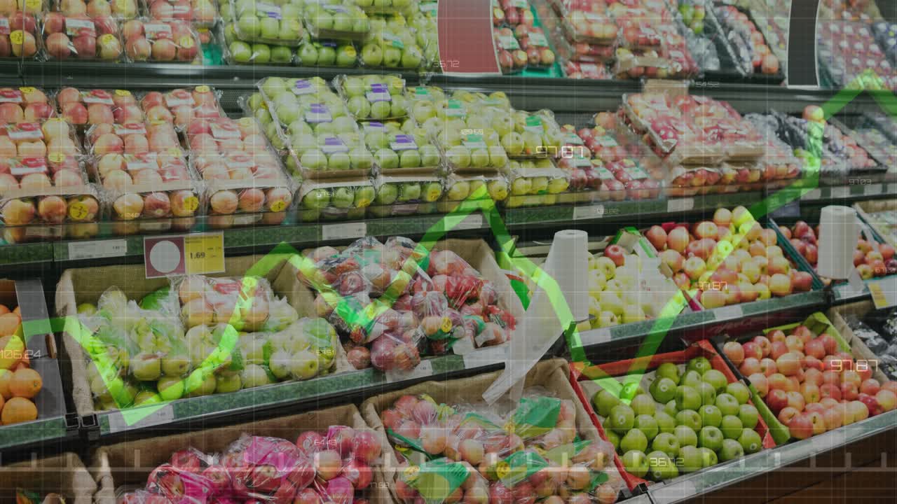 Animação de dados financeiros e gráficos sobre vegetais e frutas no mercado