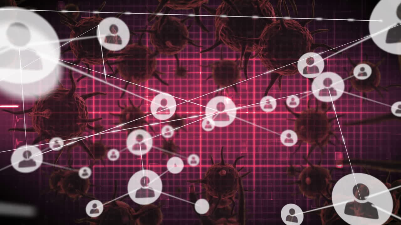 animación de células macro coronavirus covid-19 que se propagan a través de una red de conexiones con el icono de la gente