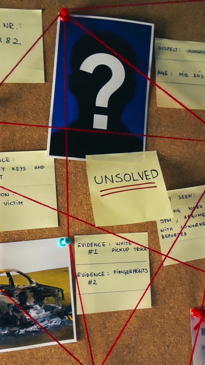 Police investigation board featuring pictures, sticky notes, and red thread connecting evidence in an unsolved criminal case, focusing on the mysterious suspect's silhouette