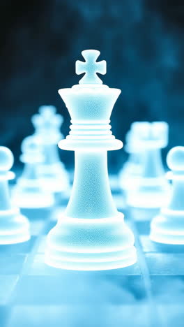glowing chess piece on a mystical board. a black king chess piece glows with a bright blue light, surrounded by fog, on a chessboard during a nighttime setting.