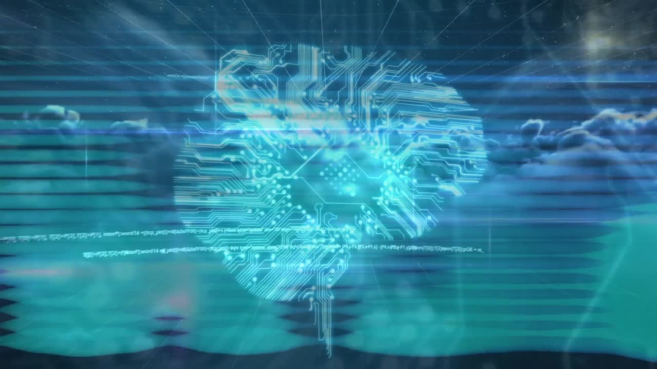 검은 바탕의 구름 위에서 데이터 처리와 인간의 뇌의 애니메이션