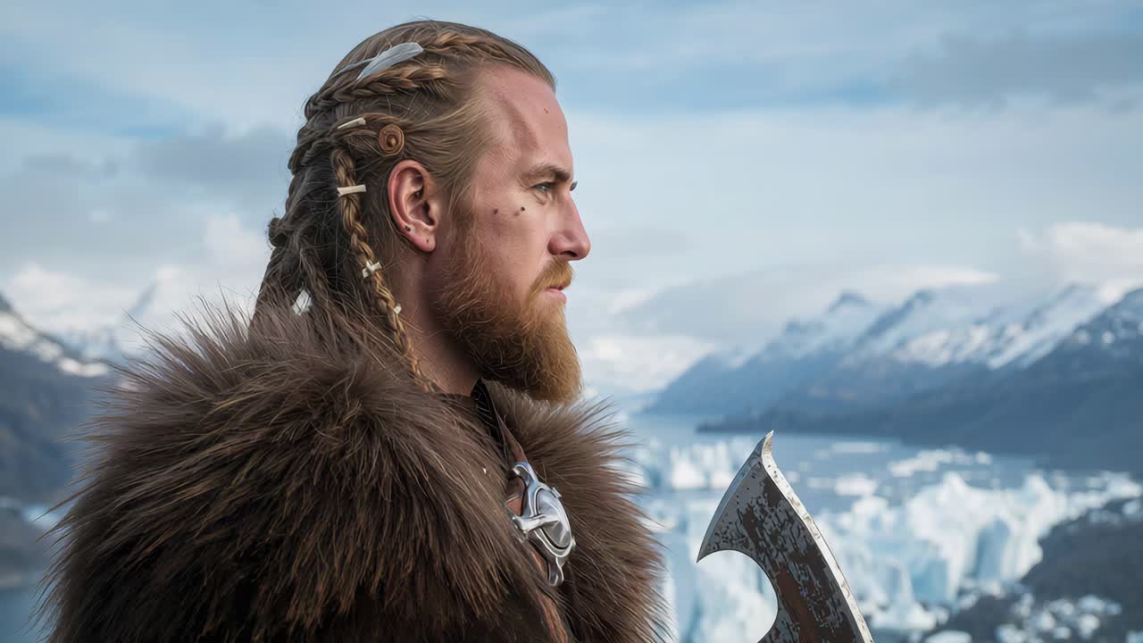 Viking Warrior with Axe in a Snowy Landscape