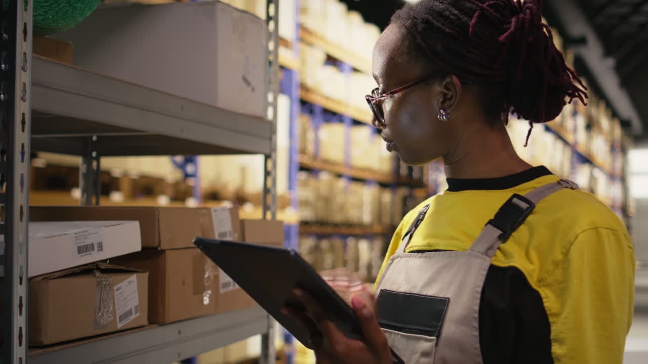 Black woman worker applying adhesive airway bill labels on packages
