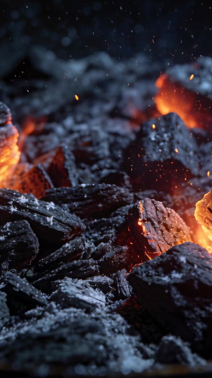 Vertical video: Glowing coal bed showing heat stoking embers glowing on grill, with sparks rising