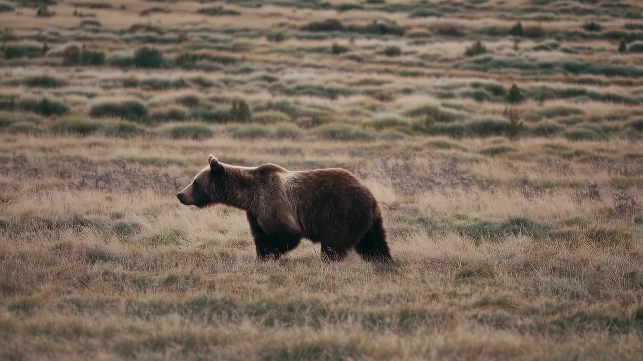 Brown Bear Walking Through Grassy Field in Wilderness