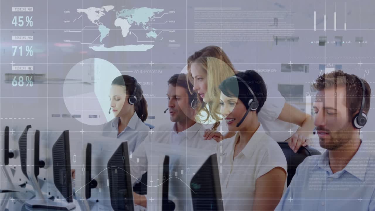 다양한 여성과 남성 콜 센터 직원들에 대한 금융 그래프와 데이터의 애니메이션