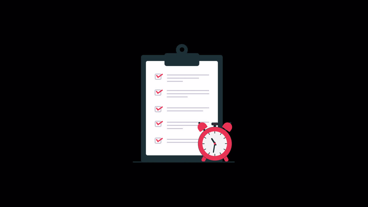 Animated Checklist on Clipboard with Alarm Clock for Time Management