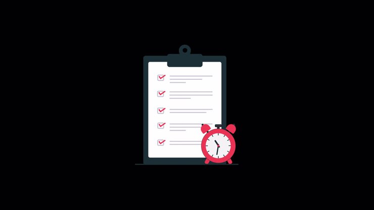 Animated Checklist on Clipboard with Alarm Clock for Time Management