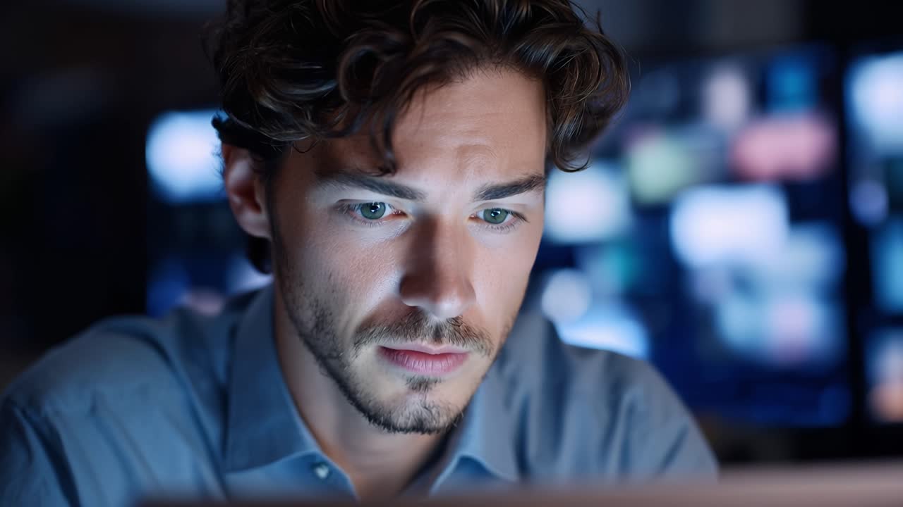 A focused individual in a blue shirt deeply engaged in work, illuminated by screen light, portrayed with thoughtful expression amidst a backdrop of varied digital displays
