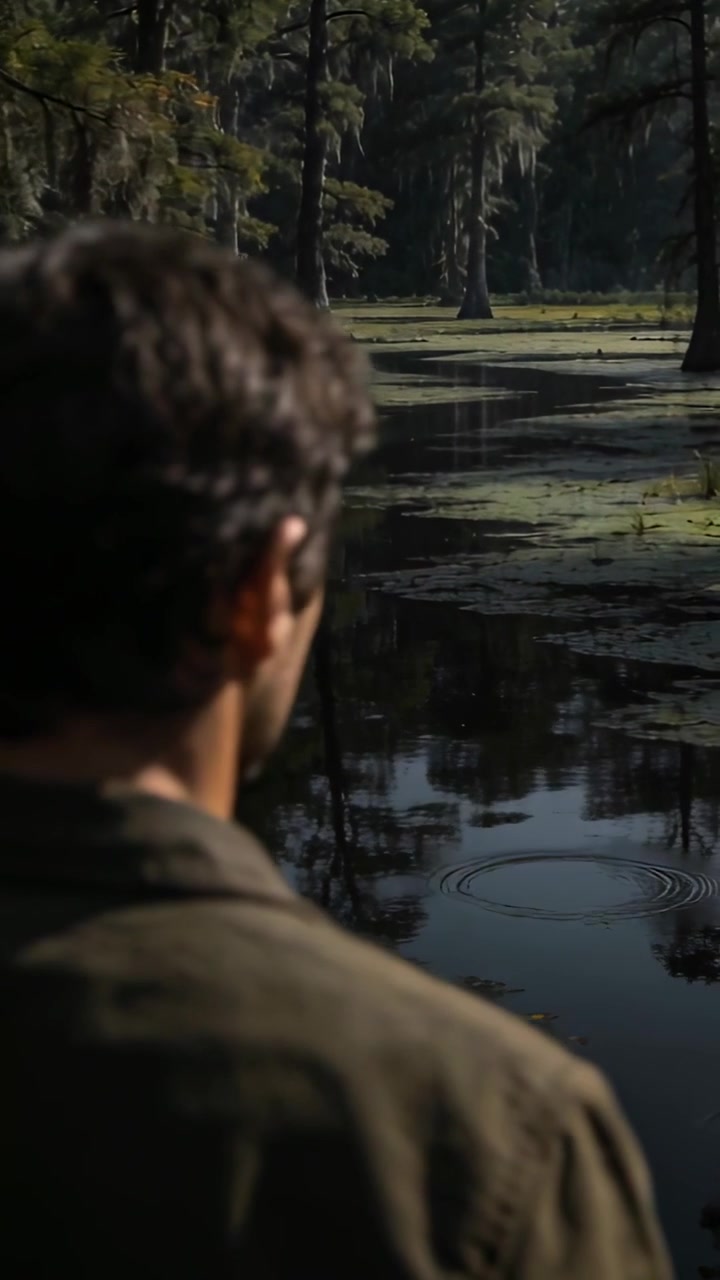 Vertical video: Watching man in olive coat turning to ripples forming on bayou, cypress, copy space