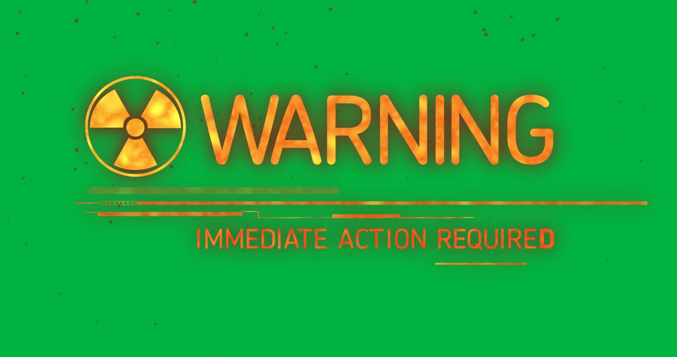 Animation of warning text and nuclear symbol on transparent background