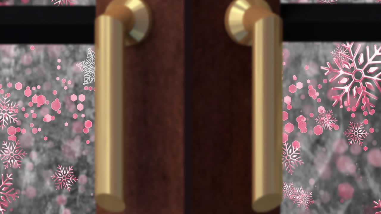 Animation of christmas tree and window over snowflakes and light spots on black background