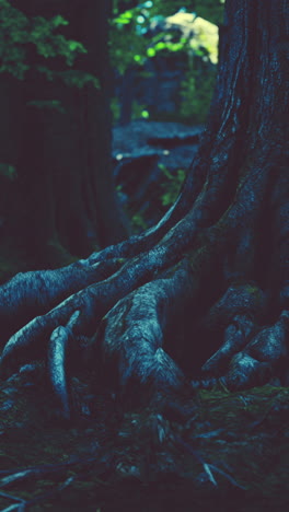 mysterious forest: ancient tree roots and mossy forest floor