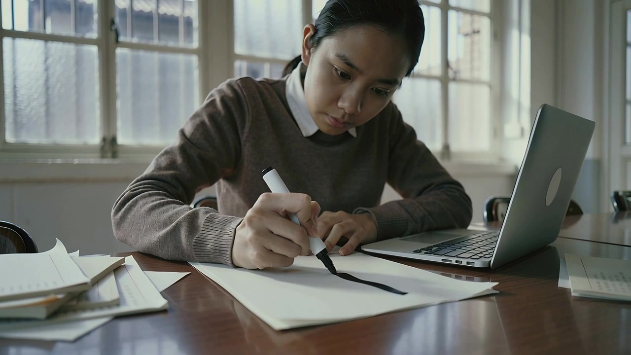 Leaning woman in white shirt focusing on paper at table drawing black marker stroke for project