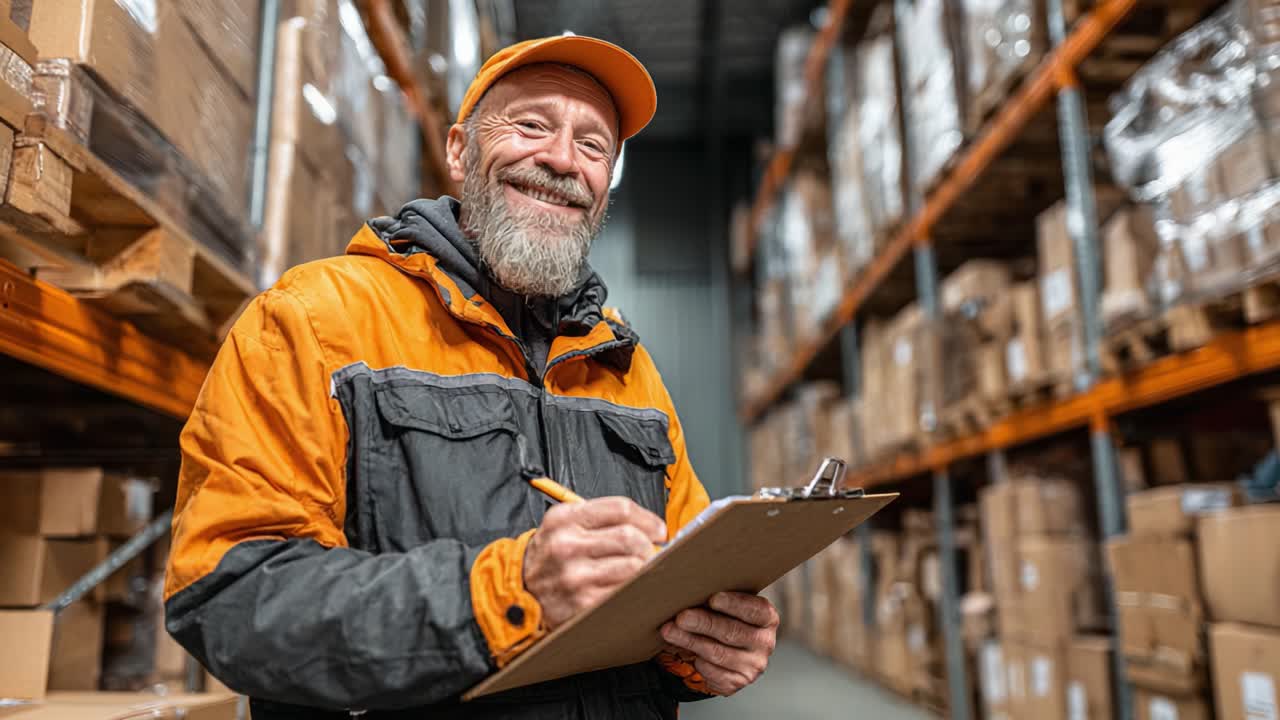 A cheerful warehouse worker smiles while taking notes on a clipboard amidst rows of neatly stacked boxes in a well-organized storage facility