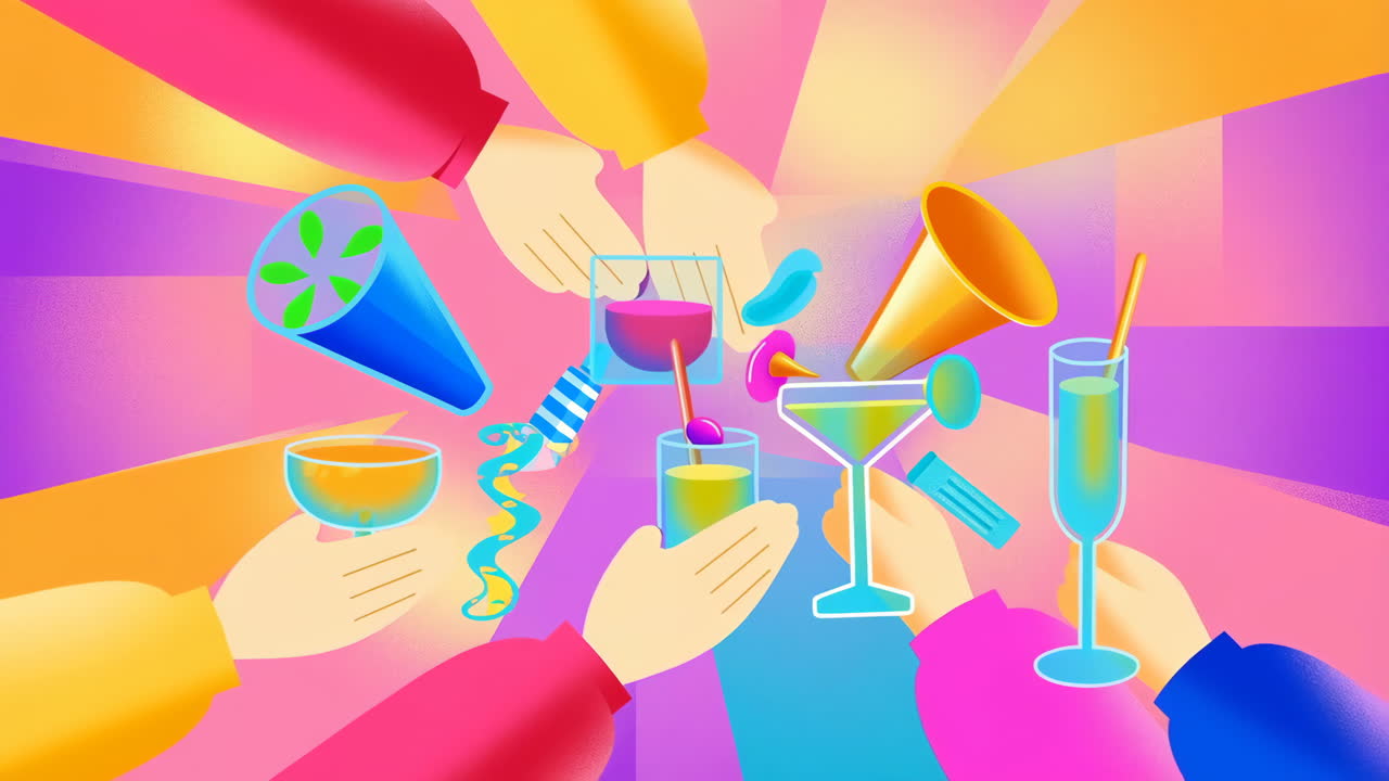 People celebrating with drinks and party items