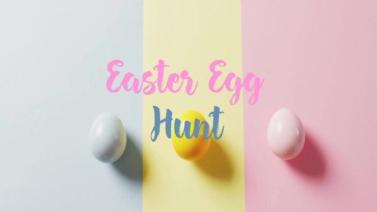 Animation of easter egg hunt text over colourful easter eggs on blue, yellow and pink background
