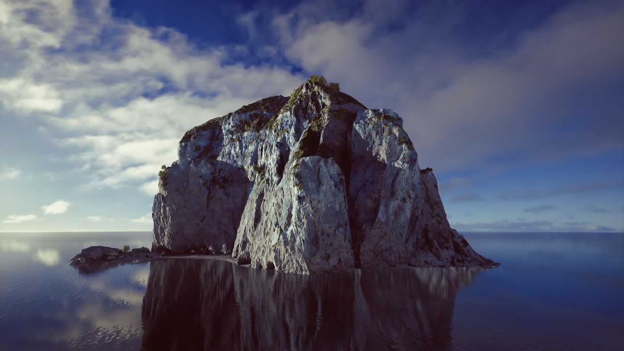Majestic rock formation reflects in calm waters under a vibrant sky