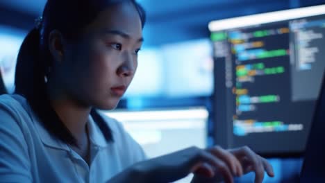 a young woman is focused on programming in a dimly lit tech workspace. multiple screens display various coding languages, highlighting her skills and dedication to technology.