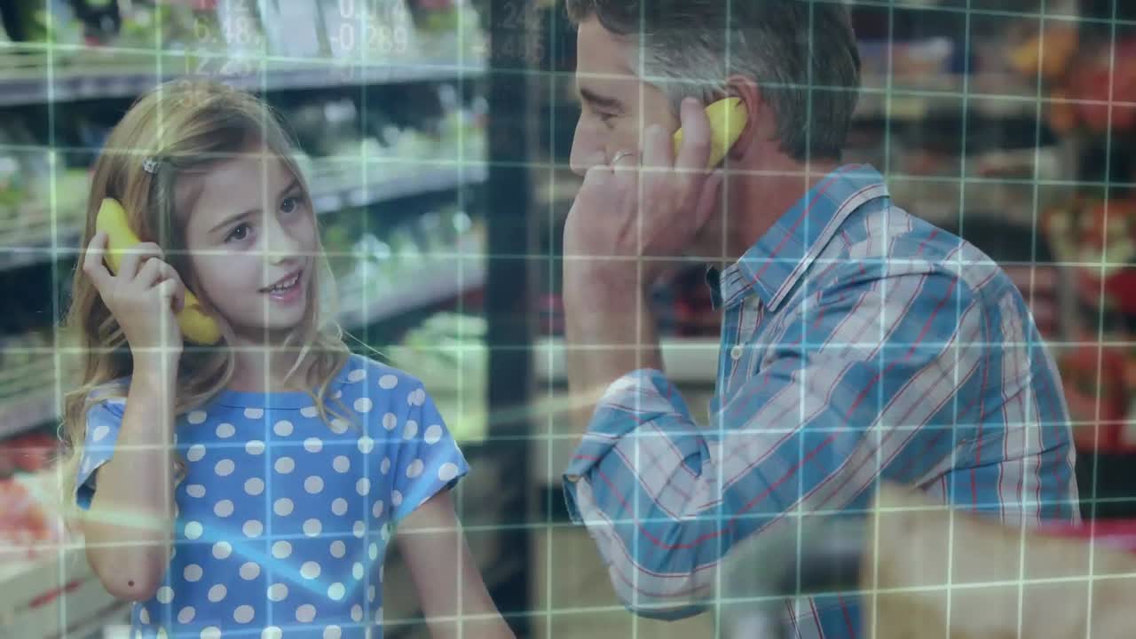 Financial data processing against dad and daughter shopping in grocery store